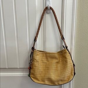 FOSSIL Rattan with Tan Leather Trim and Floral Interior Shoulder Bag